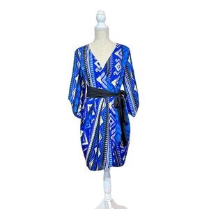 Yumi Kim Blue 9 to 5 Geometric Aztec Belted Faux Wrap Dress Tulip Womens Size LG